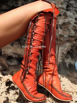 

Woman Leather Lace-up Flat Long Boots Sexy Thin Leg Round Toe Flat With Over the Knee Boots Fashion Large Size Comfortable Boots