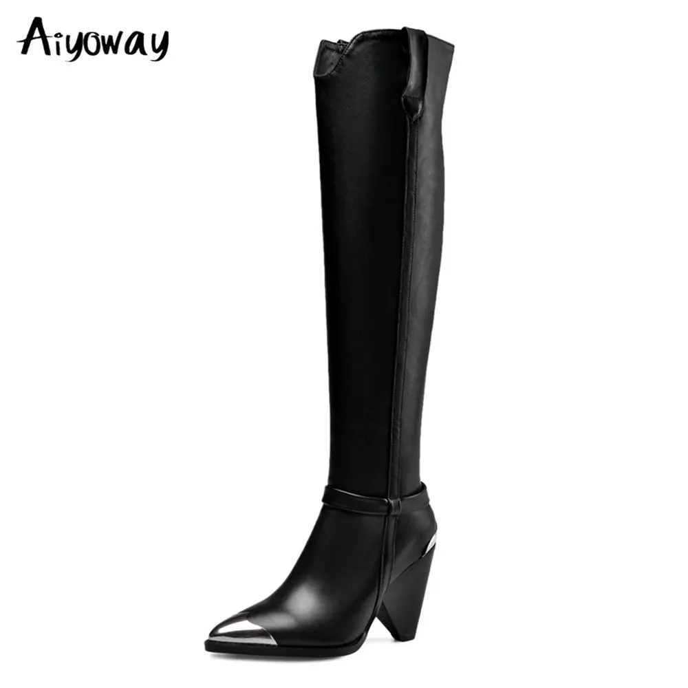 

Brand Shoes Cow Leather Microfiber Women's Over the Knee Boots Thick High Heels Black Ladies Autumn thigh high Boots Aiyoway