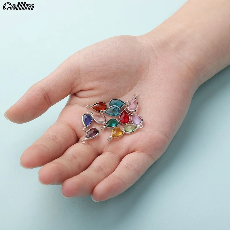 10pcs 14mm Crystal Birthstone Charms Silver Plated Small Water Drop Pendants Jewelry Accessories for Handmade Bracelet Making