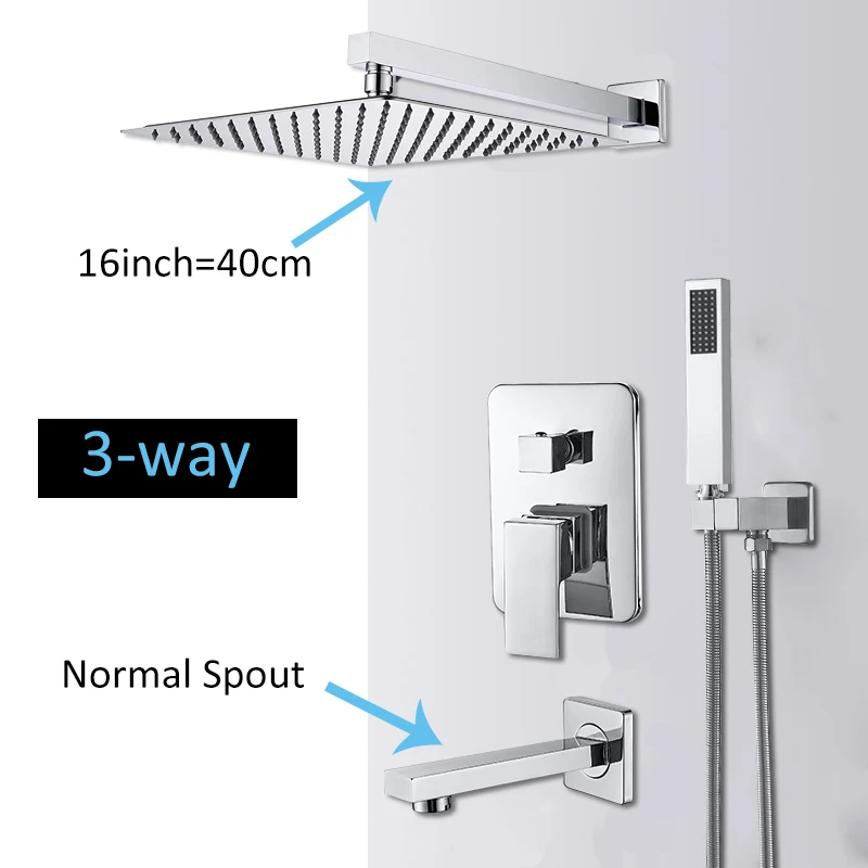 3-way 16inch normal Quyanre настенное крепление Ванная комната дождь водопад Смесители для душа набор скрытый Хромированная Душевая система смеситель для ванны и душа кран - Цвет: 3-way 16inch normal