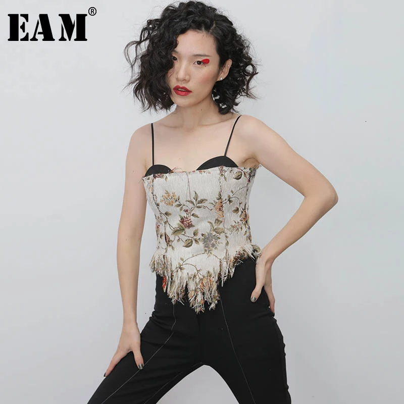 

[EAM] Women Pattern Print Tassels Split Tank Tops New Strapless Sleeveless Personality Fashion Tide Spring Autumn 2020 1N120