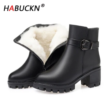 

HABUXKN New Wool Women Snow Boots Fashion Thick Genuine Leather Fur Warm Plush High Heel Platform Ankle Boots Women Winter Shoes