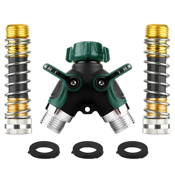 

2 Way Garden Hose Connector Y Splitter, Solid Heavy Duty Brass Metal Body Rubberized Grip Water Shut Off Valve with 2 Pcs 3/4 Fa