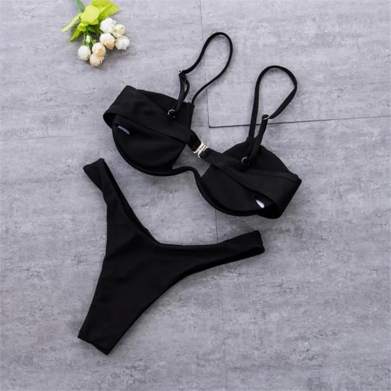 Ensemble bikini 2 pièces pour femme, couleur unie, soutien-gorge rembourré à armatures en V avec fermeture à boucle, culotte triangle taille haute, ensemble de natation d'été._voghion.com