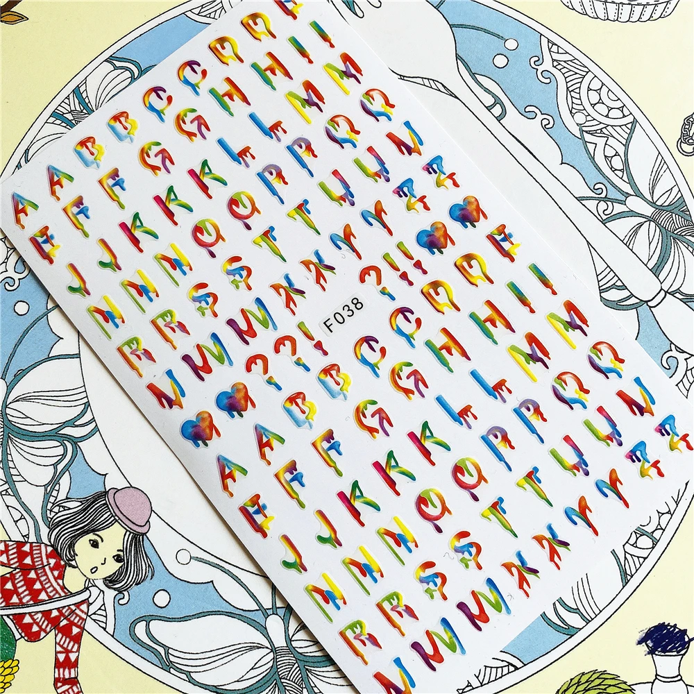 

F-038 F-009 Watercolor alphabet letter 3D Back glue Nail Art Stickers Decals Sliders Nail ornament decoration