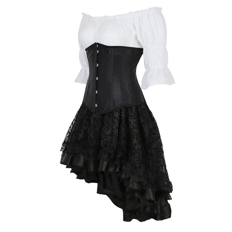 Черный корсет под грудь с юбкой готичное платье с корсетом Плюс Размер белье корсето с ренессансом блузка Комплект из трех предметов