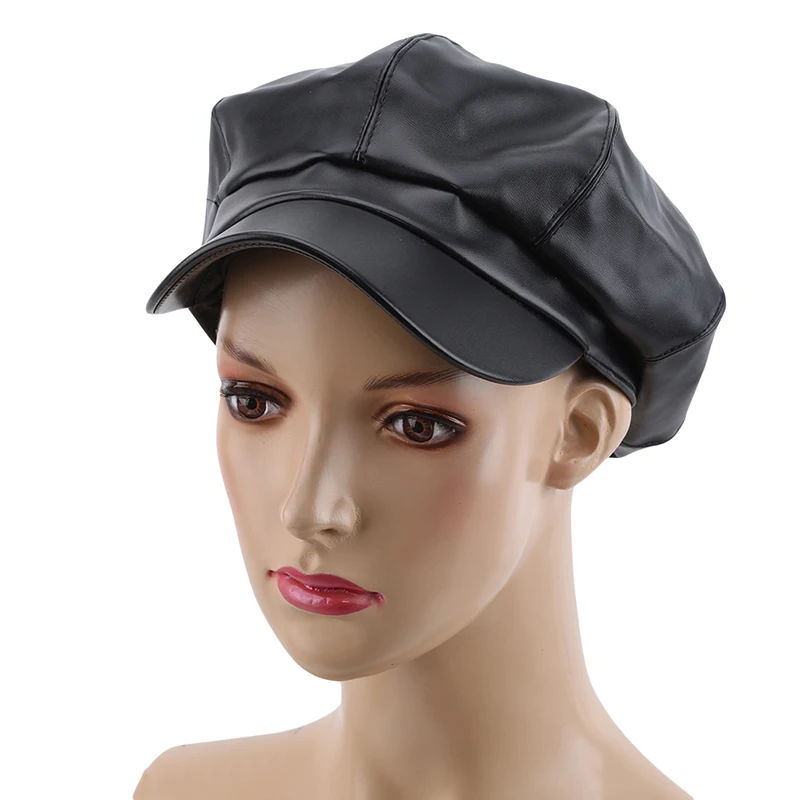 PU Leather Women Beret Autumn Winter Octagonal Cap Hats Fashion Retro Newsboy Caps Female Snapback Cap Beret Hats photo