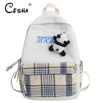 

Pretty Style Girls Travel Backpack High Quality Durable Canvas School Backpack Fashion Teenager School Bag with Panda Pendant