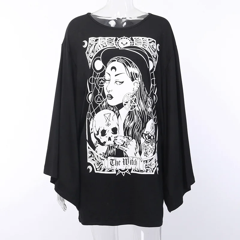 long sleeve top Облегающая готика, Харадзюку, накидка, рукав, футболка, женская одежда, гранж, Череп, черные длинные топы, осень, панк, женская футболка, новинка - Цвет: long sleeve top