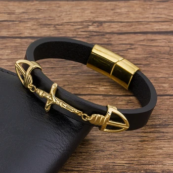 

Fashion Charms Rope Braided Black Leather Men Bracelet Gold Magnetic Buckle Jewelry Christian Religion Accessories Bangles