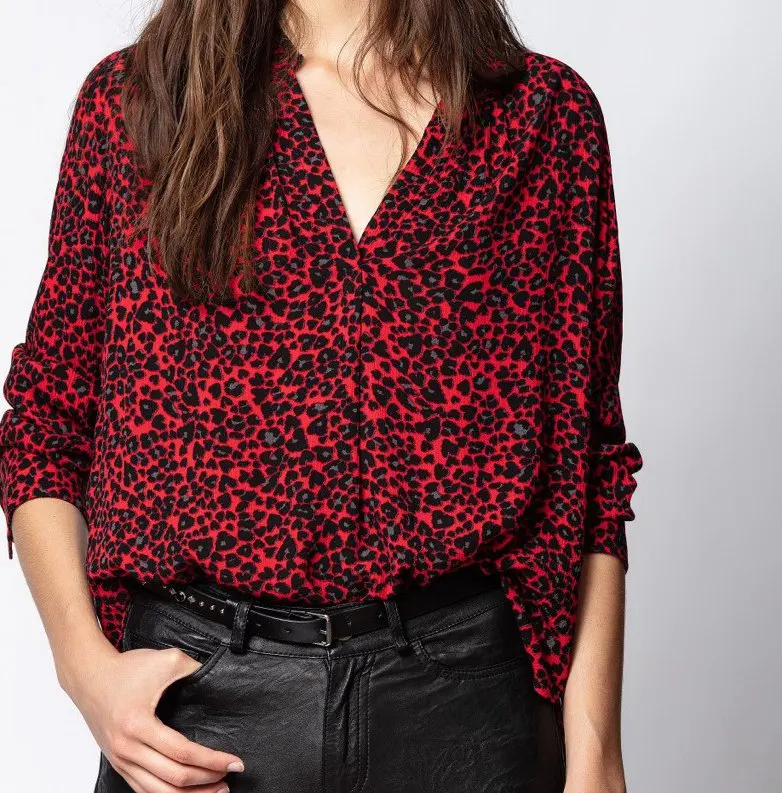 Camiseta Nuevo de leopardo para mujer, blusa de de viscosa en color rojo, cuello en V, 2020 _ - AliExpress Mobile