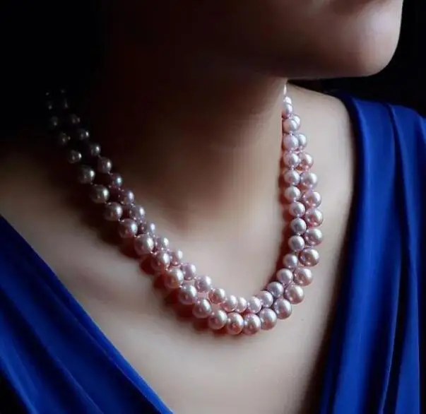 2 ряда 9-10 мм Настоящее натуральное Южное море ожерелье из розового жемчуга 14k