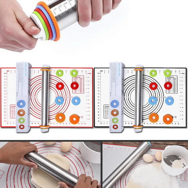 Скалка из нержавеющей стали с матом для теста Регулируемый ролик для теста с 4 съемными толщинами колец для кухни выпечки для теста пирога