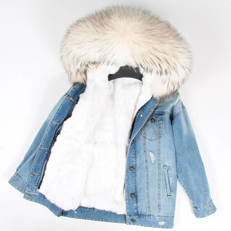 Perfect OFTBUY 2019 Winter Jacket Women Real Fur Coat Parka Real raccoon collar Rex Rabbit liner striped bomber Denim jacket Streetwear 16