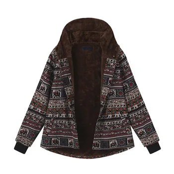 

2019 Winter Womens Winter Warm Outwear Button Vintage Ethnic Print Fleece Thick Hooded Coats Christmas