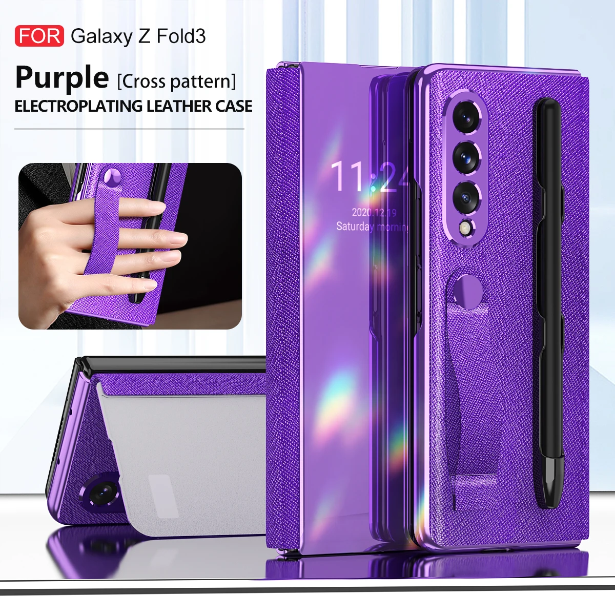 Custodia A Specchio Galvanica Per Samsung Galaxy Z Fold 3 5G Grip Hand Strap Con Slot Per Penna S Per Samsung W22 360 Protezione Completa