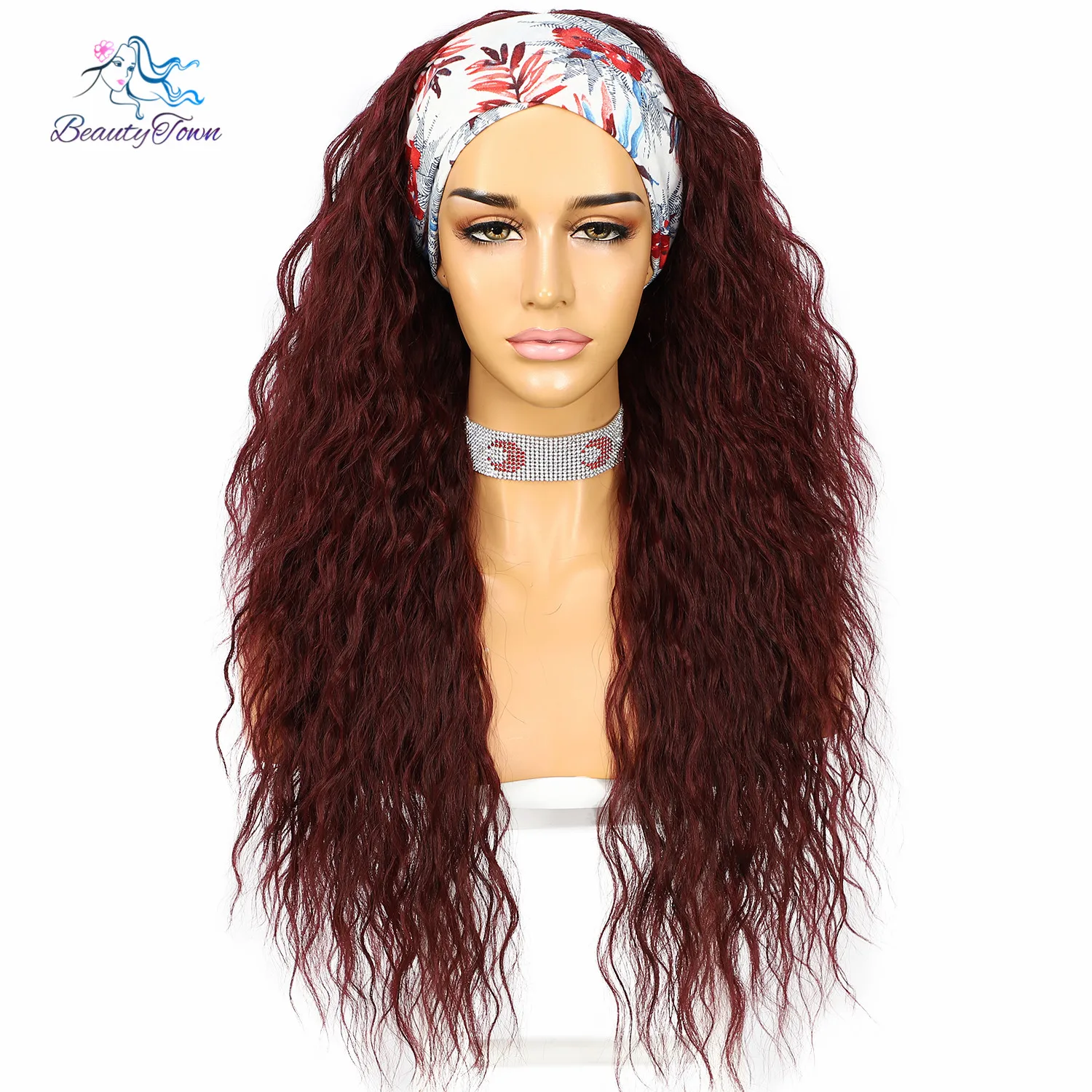 26'' Long Kinky Curly Burgundy Headband Wig for Women Daily Use Wedding Party Travel Holiday No Gel Glueless Wig 2 Free Bands