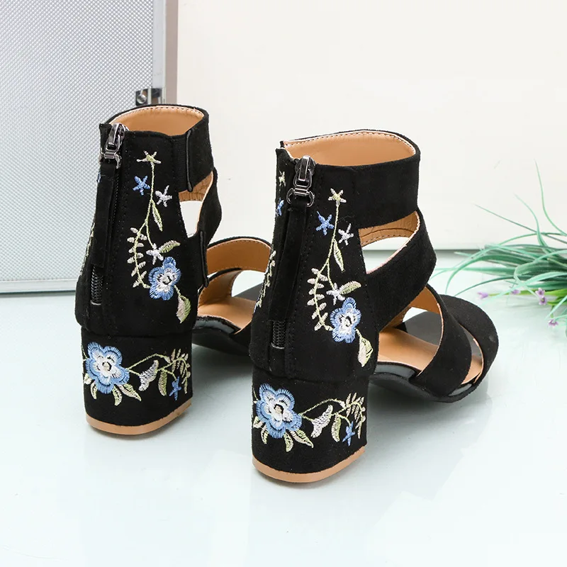 

2019 Summer Sandals New Style A- line with Chunky-Heel Semi-high Heeled Embroidery liang xue zi Ethnic-Style Cheongsam Collocati