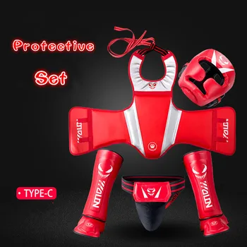 

Wolon Kids Adults Taekwondo Muay Thai Boxing Protective Set Head Guard Helmet Chest Protector Shin Guards Jockstrap Training DEO