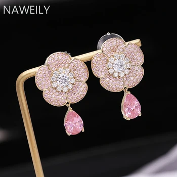 

French Elegant Rose Flower Pink AAA Zircon Earrings For Women Micro-inlaid Drop Earring Luxury Female Jewelry