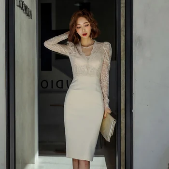 

2019 Women dress Lace Patchwork Slim Elegant Package Buttocks Dresses White 5458
