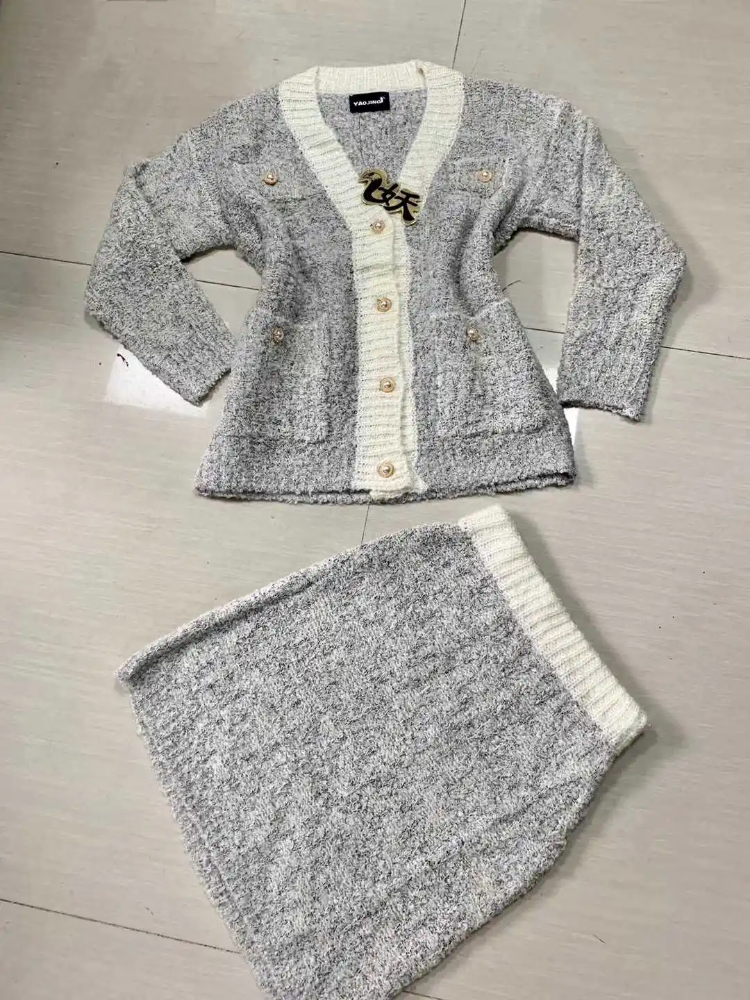 Rushed Promotion Full Autumn And Winter Women's Knit Suit V-neck Single-breasted Cardigan+ Skirt Fashion Two-piece Woman