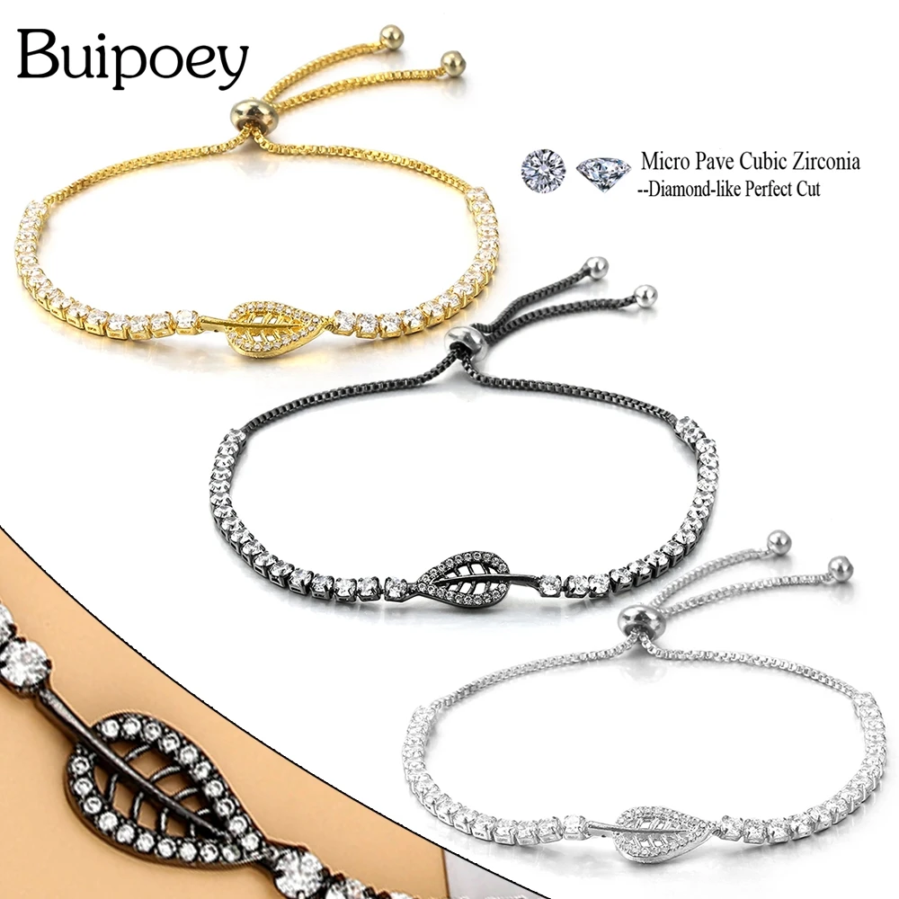 Buipoey Black Cubic Zirconia Leaves Bracelets For Men Adjustable Length Boho Hip-hop Style Fine Bracelet Boys Jewelry Gift | Украшения и