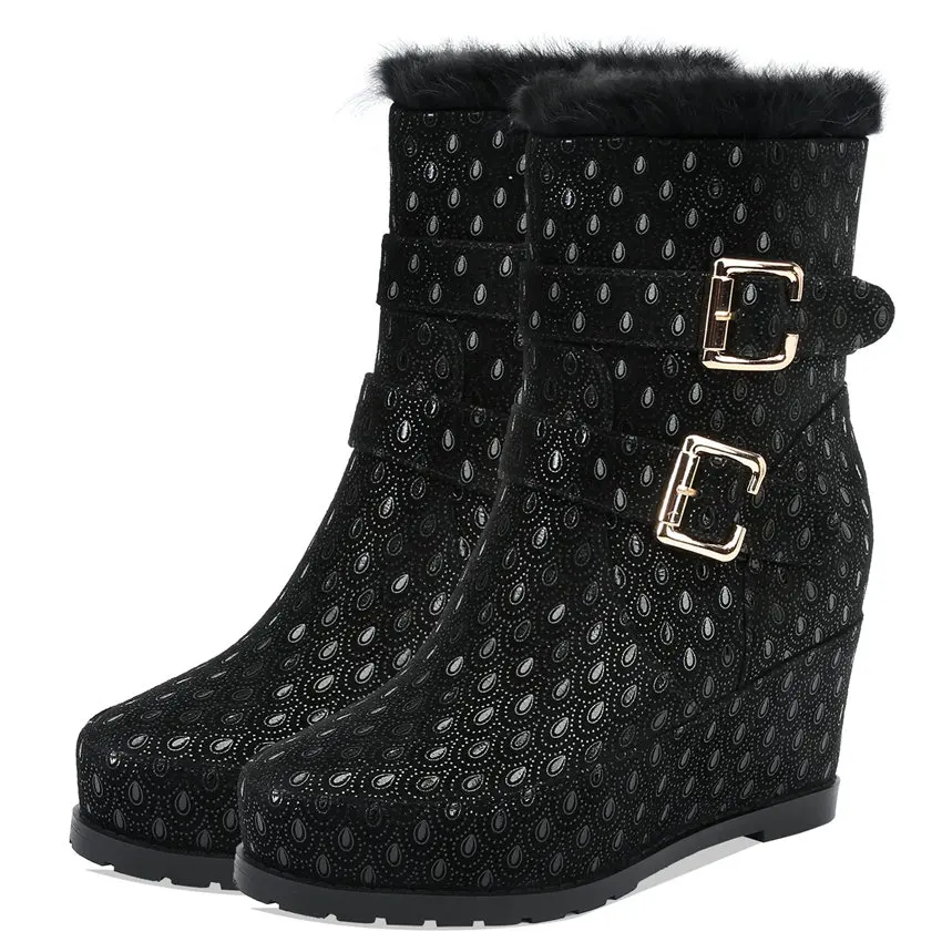 Женские черные зимние ботинки из натуральной кожи на танкетке и высоком каблуке в стиле милитари; высокие туфли-лодочки на платформе с кроличьим мехом; зимние ботинки-оксфорды в стиле панк - Цвет: black2