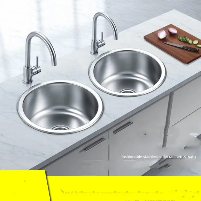 Kitchen Sink 304 Stainless Steel 36X36/40X40CM Round Single Trough Set Dish Basin Dishwashing Pool Balcony Pool Bar