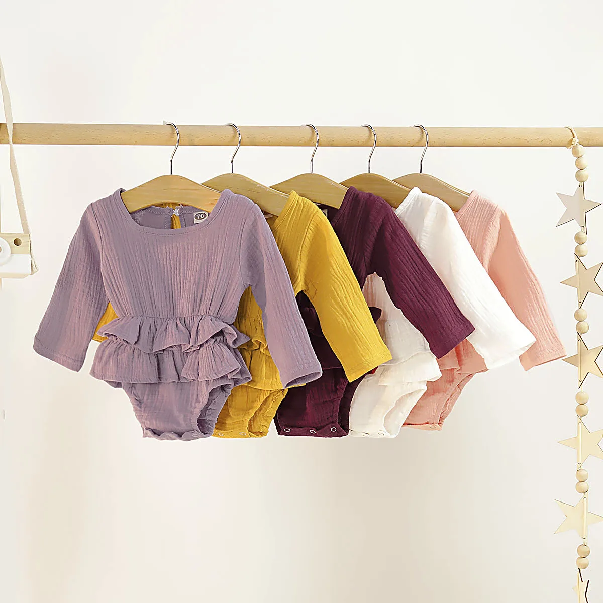 Одежда для новорожденных девочек однотонный комбинезон с длинными рукавами осенняя одежда милая повседневная одежда с оборками и круглым вырезом для детей от 0 до 24 месяцев
