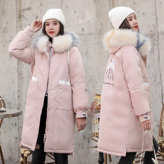 

Han Dong Door 2019 New Style Mid-length Large Fur Collar Embroidered Parka Thick Coat down Jacket Cotton-padded Clothes Fashion