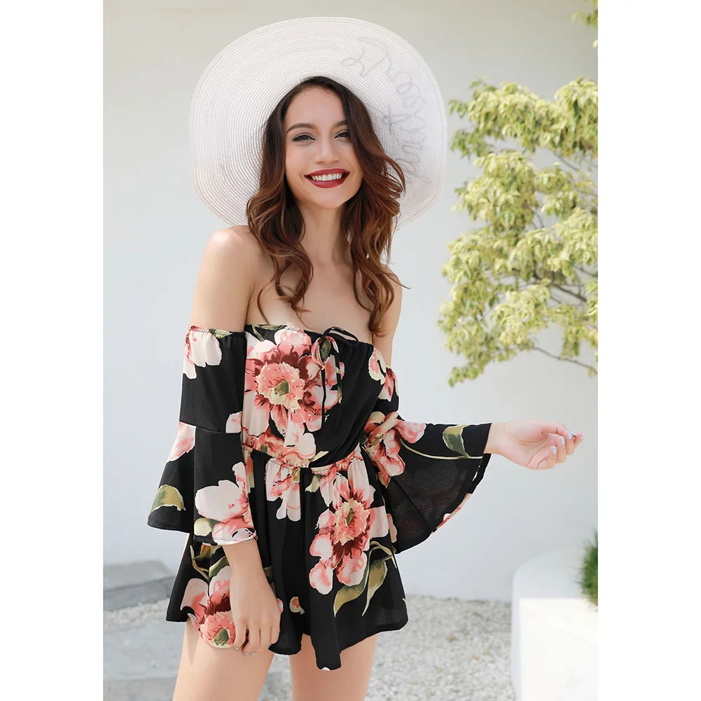 Casual Summer Floral Print Rompers Womens Jumpsuits Sexy Off Shoulder Beach Overalls Bodysuit Women Playsuit Macacao Feminino