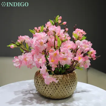 

INDIGO- Spring Cherry Blossom Sakura Flower Arrangement With Basket Gift Tea Table Bonsai Event Centerpiece Free Shipping