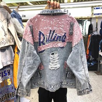 

Spring Autumn Vintage Denim Jacket Women Fashion Sequins Hole Jeans Jacket Loose Washed Denim Coat Women Streetwear Tide G134