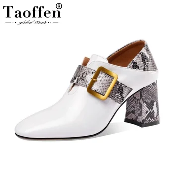 

Taoffen Real Leather Pumps Women Office Work Square Toe Spring Party Snake Pattern Shoes Women Pumps Footwear Size 33-43