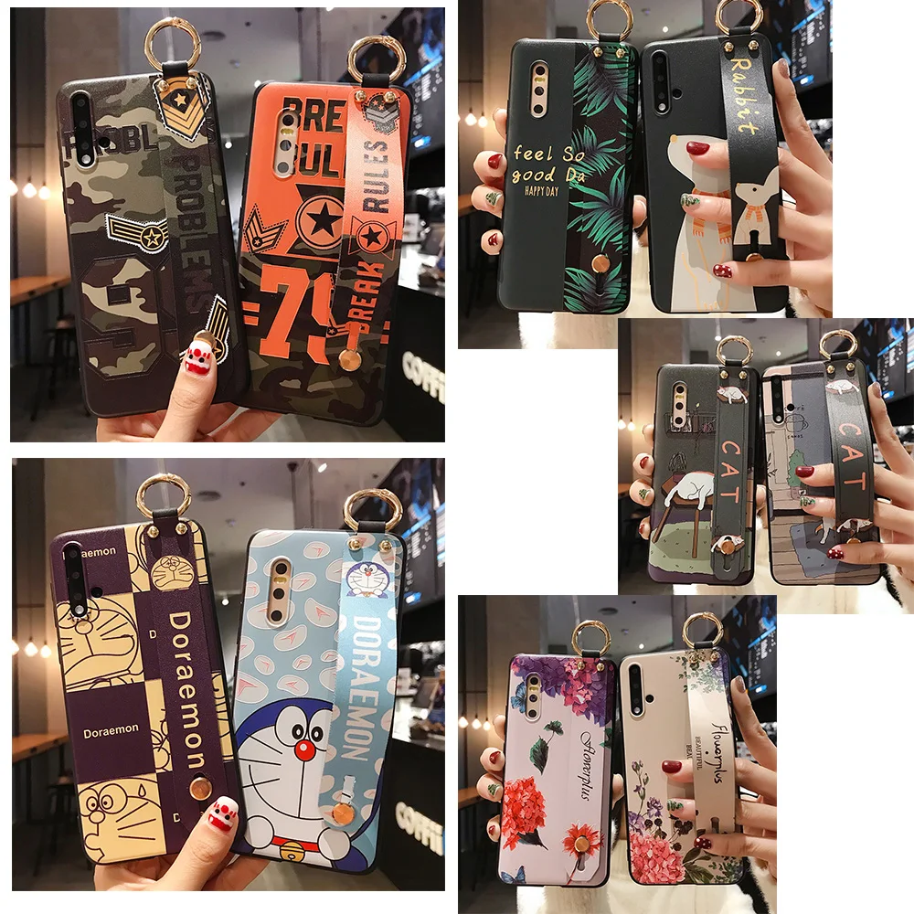 Phone Holder Case For OPPO Reno 2 ACE 2E 2F Realme 5 / Realme 5 Pro 3D Relief Flower Soft TPU Wrist Strap Cover Phone Cases