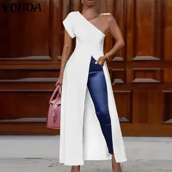 

VONDA 2020 Sexy One Shoulder Short Sleeve Blouses Women Summer Casual Solid Color Split Hem Fashion Shirts Plus Size Party Blusa