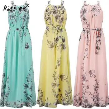 

Floral Printed Chiffon Long Beach Dress Women Holiday Sling Sweet Maxi Dress Vintage Summer Sun Dress Long Sarong Beach Wear