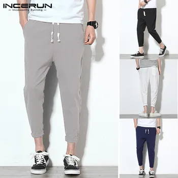 

INCERUN Men Pure Color Elastic Waist Drawstring Straight Pants Fashion Comfort Cotton Summer Mens Casual Pencil Trousers Joggers