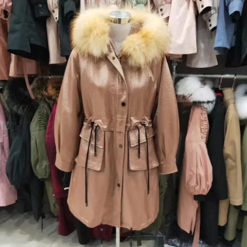 Fur Coat Highstreet Real Raccoon Fur Collar Hooded Drawstring Waist Rabbit Fur Lining Long Coat Women Winter Casual Plus Outwear