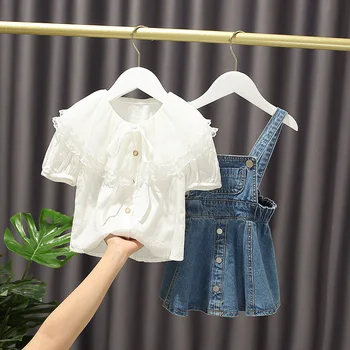 

Baby Girl's Summer Dress Fashion Net Red Denim Suspender Skirt Short Sleeve Large Lapel Shirt Children Shirt Cotton Baby Girls