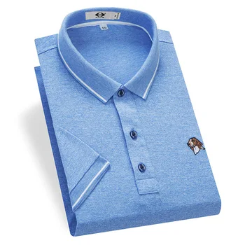 

Wooden Flute 2020 Summer Dress Middle Age Men Short Sleeve T Shirt Mercerized Cotton Solid Color Lapel Business Polo Shirt Half