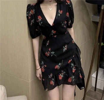 

Red Rose Women Mini Dress Black Deep V Flowers Print Short Puff Sleeve Ruffles Vintage Female Sundress New
