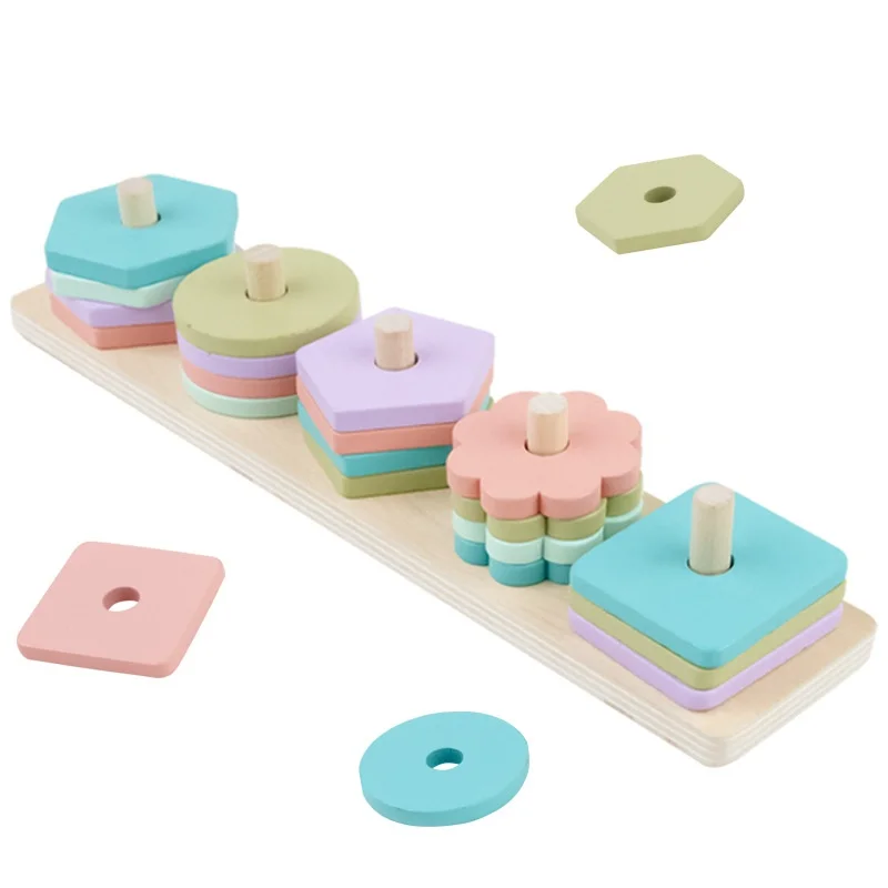 

Children's wooden geometric shape cognitive toy insert shape five sets of cylindrical building blocks imitation toy puzzle