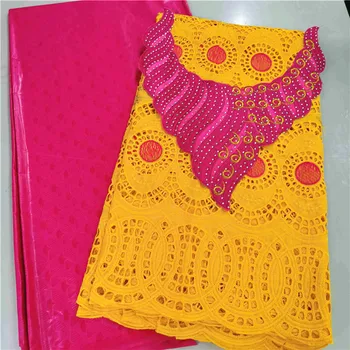 

Newest 2.5 Yards Swiss voile lace in Switzerland Hollow Out +2.5 Yards Bazin Riche Fabric+ Beautiful Chest collar Sets For Dress