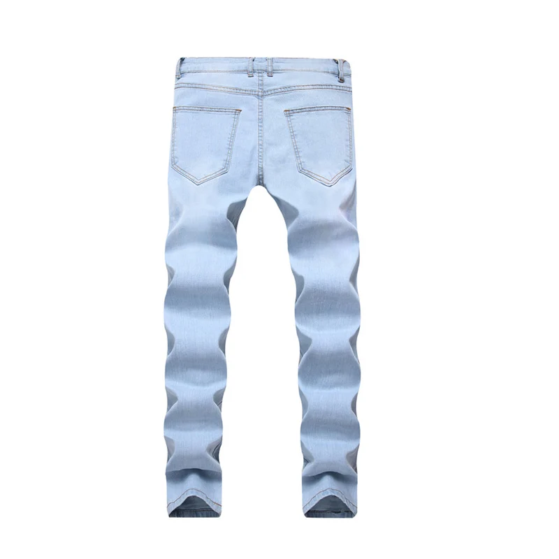 Jeans Men New Men's Embroidered Holes Light Blue Stretch jeans Men's Slim Straight trousers More Size 28-40 42