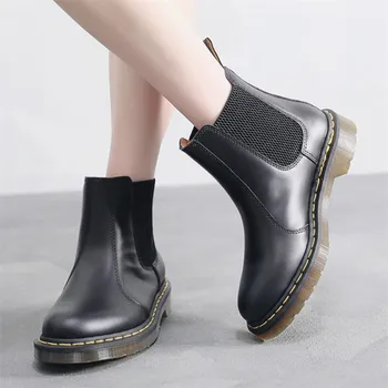 

Winter Black Leather Ankle Boots Women Plush Slip On Flat Sole Square Heel Bootee Woman Autumn Ladies Female Shoes