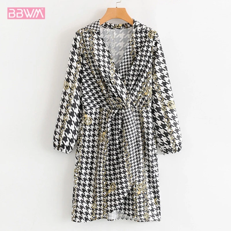 

V-neck Long-sleeved Houndstooth Bag Hip Women's Dresses 2019 Autumn Chain Printed Elegant Female Dress Waist Chic