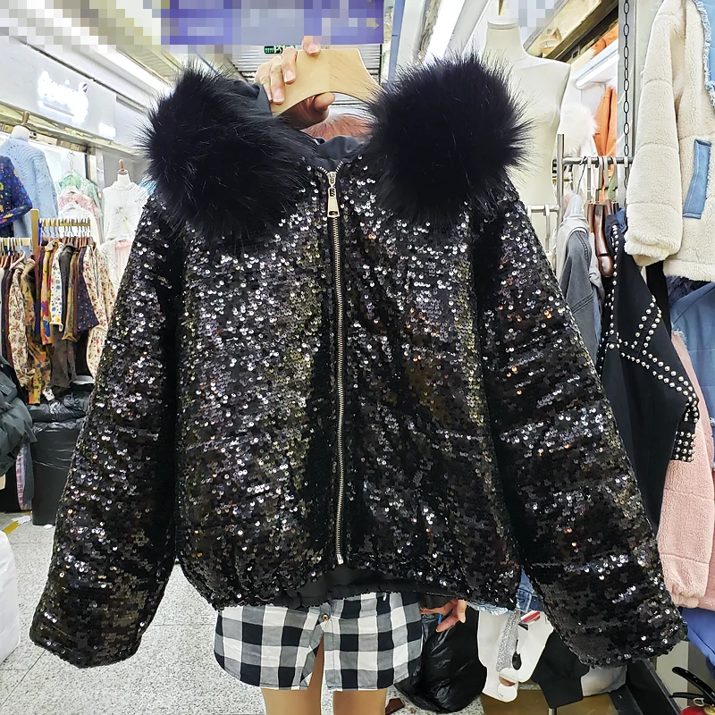 BF Стиль Уличная Женская корейская зимняя куртка женская черная с блестками свободная короткая мотоциклетная куртка с капюшоном хлопковое пальто LJ746