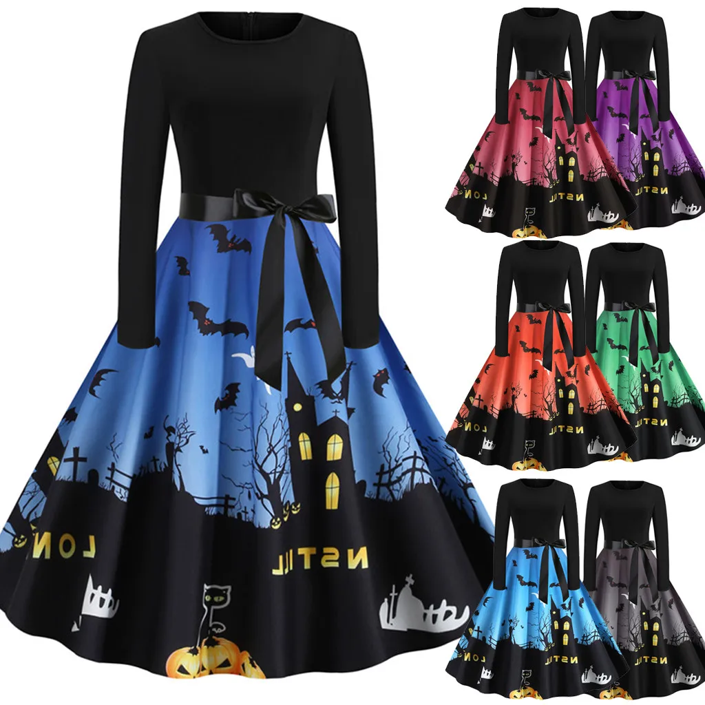 

Dress 2019Top Women Long Sleeve Halloween Musical Notes Print Vintage Flare Party Long Maxi Vestido Dress